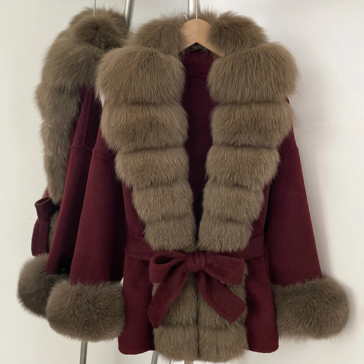 Real Fur Wool Jacket Fashion Reality Fur Jacket Women Natural Fox Fur Cuffs Winter Clothing Female Elegant with Belt Woolen Coat