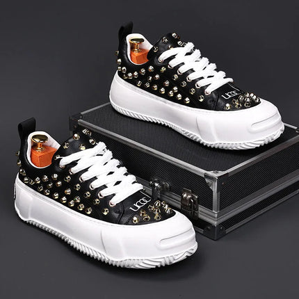 Luxury Designer Men's Punk Rivet Thick Bottom Lace Up Shoes Causal Flats Moccasins Male Rock Hip-hop Walking Sneakers