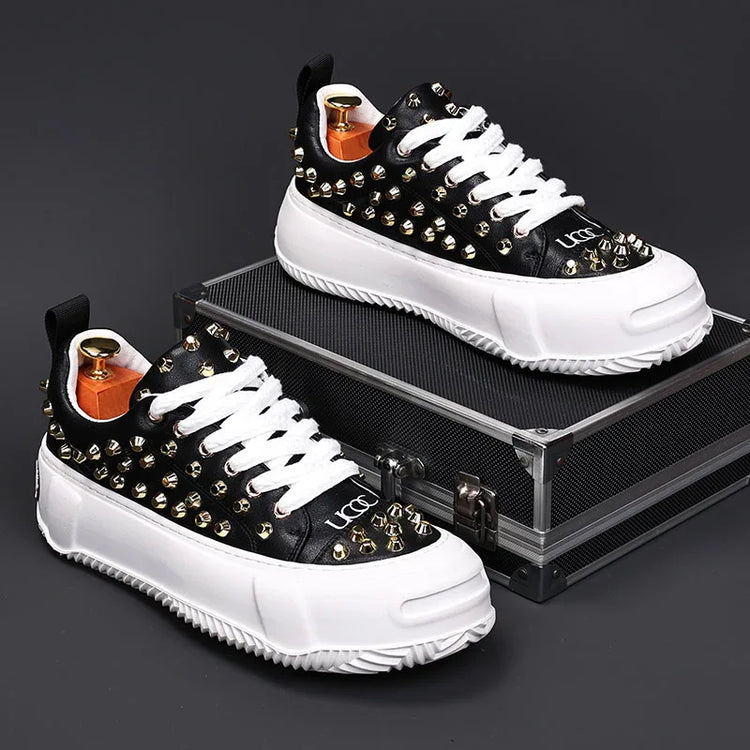 Luxury Designer Men's Punk Rivet Thick Bottom Lace Up Shoes Causal Flats Moccasins Male Rock Hip-hop Walking Sneakers