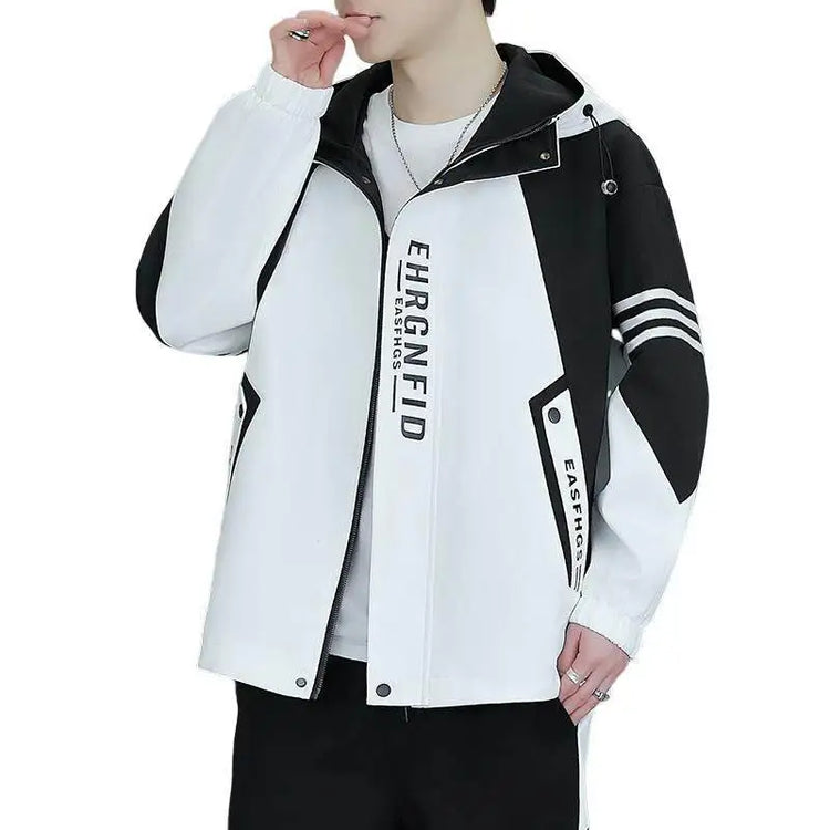 Spring Autumn Men's Hooded Jacket Loose Versatile Trendy Color Block Fashion Outerwear Windproof Thickened Long Sleeve Zipper