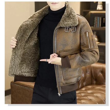 2025 Winter Fur Integrated Leather Jacket Men Thick Velvet Imitation Fur Leather Coat Loose Motorcycle Coat Casual Streetwear