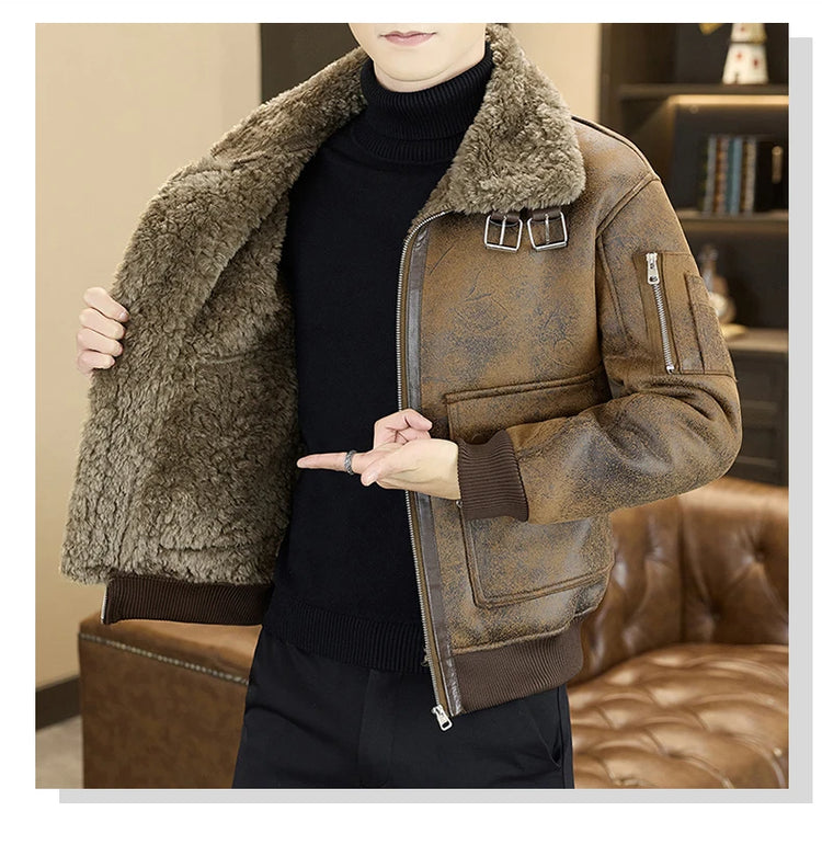 2025 Winter Fur Integrated Leather Jacket Men Thick Velvet Imitation Fur Leather Coat Loose Motorcycle Coat Casual Streetwear