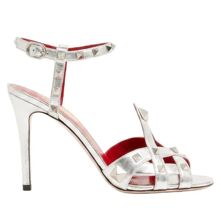 Sandali da donna con tacco alto e punta tonda, con rivetti e design a bocca di pesce, estivi 2026, alla moda, per feste, taglie forti platinumshop