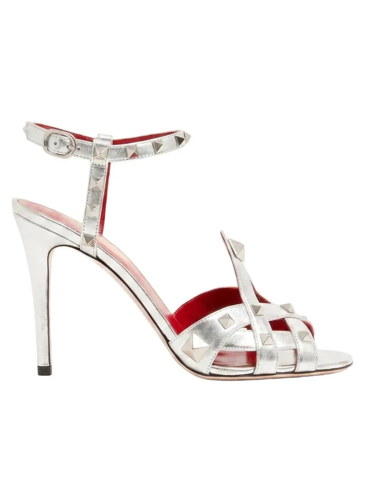 Sandali da donna con tacco alto e punta tonda, con rivetti e design a bocca di pesce, estivi 2026, alla moda, per feste, taglie forti platinumshop
