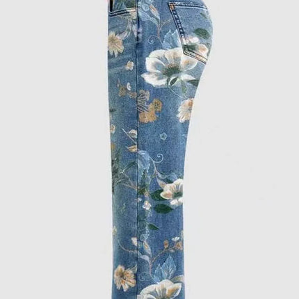 Jeans da donna con stampa Pantaloni a gamba larga Tasche a vita alta a tutta lunghezza Pantaloni dritti lavati in denim effetto consumato Casual invecchiato