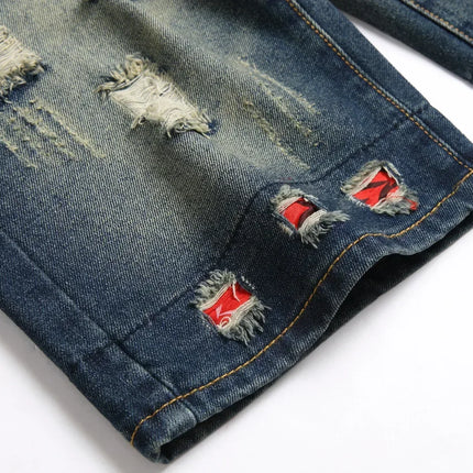 Pantaloncini di jeans da uomo lavati vintage della nuova estate Pantaloncini di jeans dritti maschili in difficoltà con toppe con foro strappato da strada alla moda casual