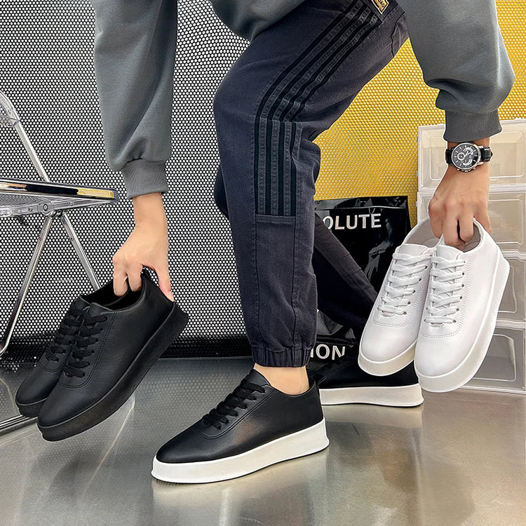 Fashion Thick Sole Black White Soft Men Leather Shoes Platform Men Casual Board Shoes Walking Sport Shoes Lightweight Work Shoes