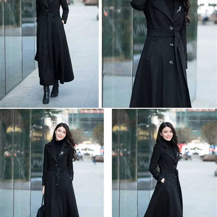New Women's Spring Autumn Winter Woolen Coat Slim  Long Over The Knee Lining Woolen Windbreaker Outerwear Match Belt Female
