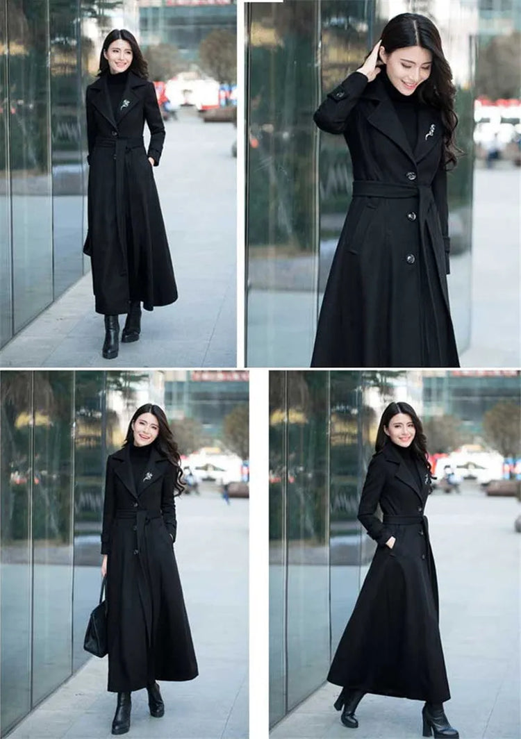New Women's Spring Autumn Winter Woolen Coat Slim  Long Over The Knee Lining Woolen Windbreaker Outerwear Match Belt Female