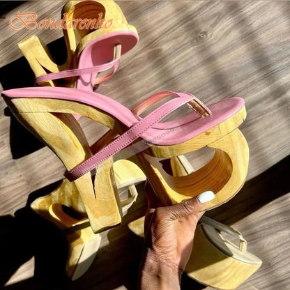 Strange Style High Heels Sandals Straps Slip On Hollow Sexy Ladies Sandals Summer Shoes Designer Party Casual Open Toe Fashion
