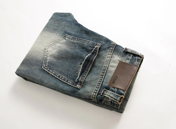 Casual Men's Light Blue Denim Jeans Ripped Straight Leg Slim Fit Non-Elastic Torn Casual Style Chinese Production PlatiNum