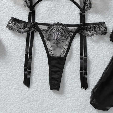 Tornova Erotic Underwear Fashionable See-through Veil with Floral Embroidery Slim-fitting Sexy Hot Underwear Split Five-pieceset