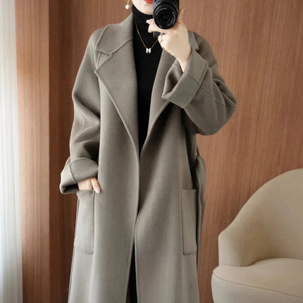 100% Wool Coat Women's Wear 2026 Autumn/Winter Fashion Temperament Double sided Cashmere Coats with Belt Elegant Long Overcoat