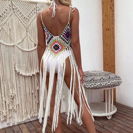 Costume da bagno da spiaggia da donna sexy lavorato a maglia all'uncinetto con nappe, gonna di media lunghezza, bikini da spiaggia a blocchi di fiori, copricostume da donna platinumshop