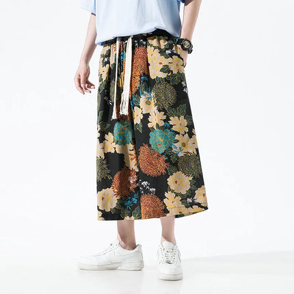 Pantaloncini da uomo estivi Stampa Pantaloni da spiaggia traspiranti a gamba larga Pantaloni larghi casual alla moda Vita elastica Comodi pantaloni al polpaccio da uomo