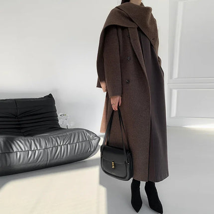 Luxury Hand-sewn Double-sided Cashmere Wool Coat Women New Mid-length Scarf Collar Loose Lace-up Warm Wool Coat Fashion Winter