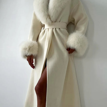 Retro Black Fur Patchwork Woolen Coat Women Chic Full Sleeve V-neck Lace Up Loose Long Overcoat 2025 Lady Winter Commute Outwear