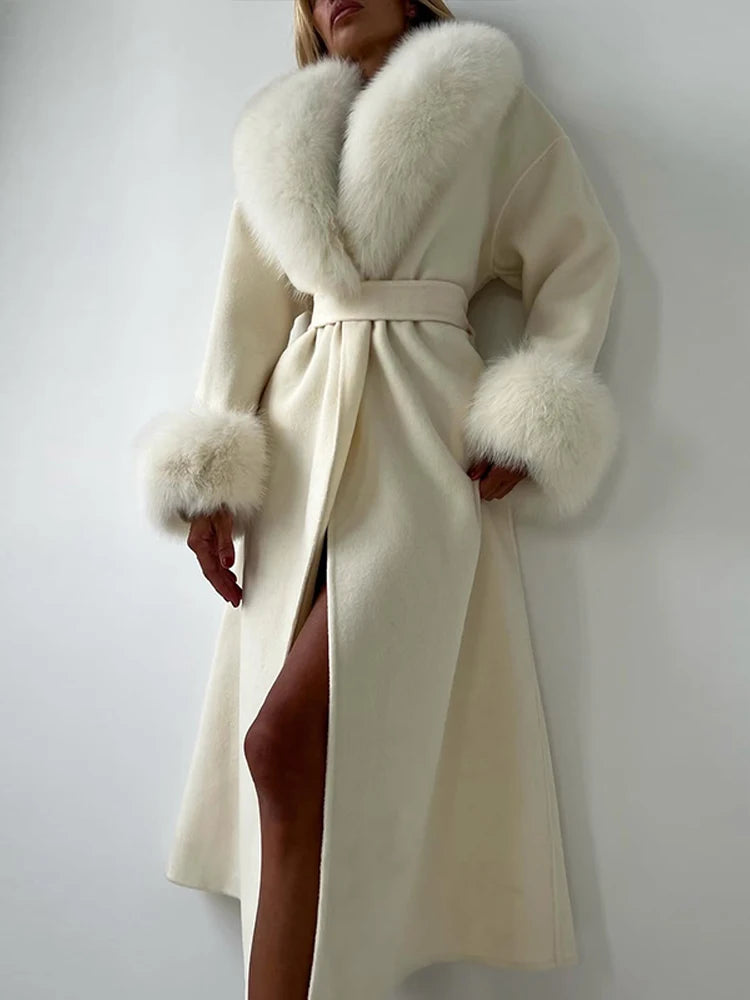 Retro Black Fur Patchwork Woolen Coat Women Chic Full Sleeve V-neck Lace Up Loose Long Overcoat 2025 Lady Winter Commute Outwear