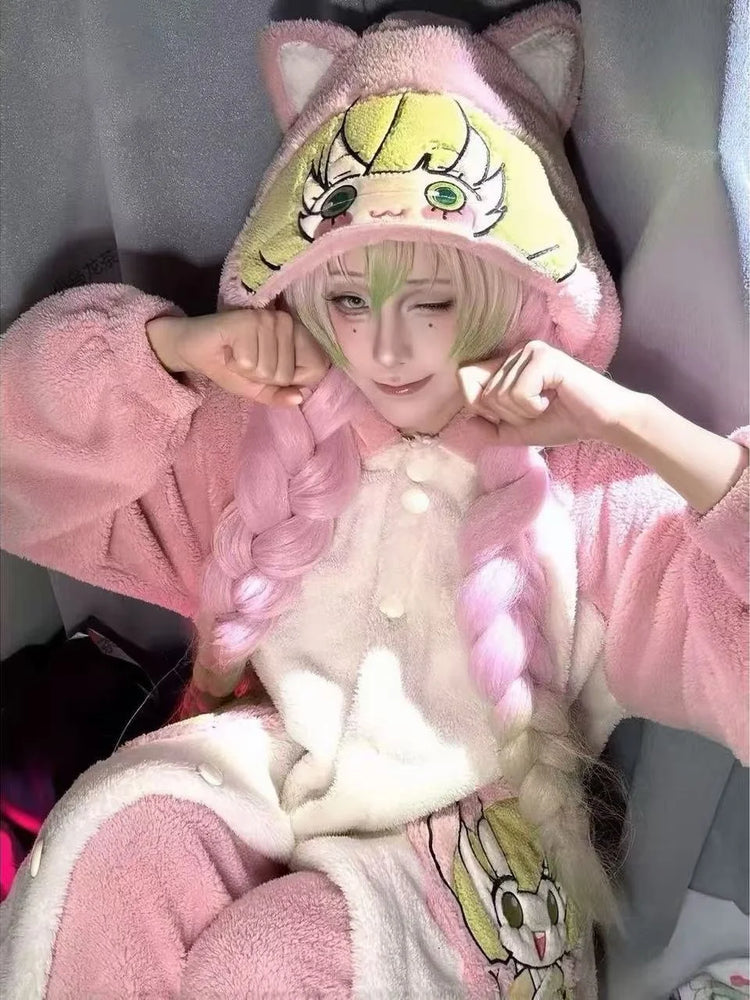 Demon Slayer Kanroji Mitsuri Tokito Muichiro Women Autumn Winter Loungewear Coral Fleece Robe  Love Hashira Cosplay Home Pajamas