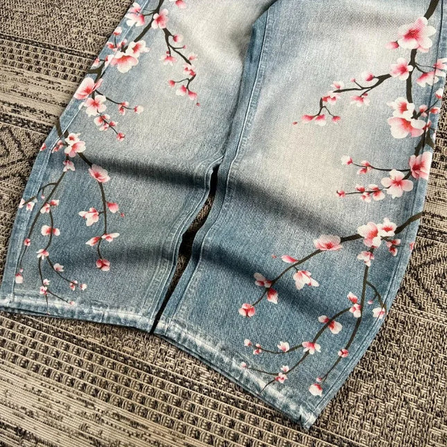 Y2K Oversized Jeans with Geometric Print and Cherry Blossoms, Harajuku Style, Women's Casual Loose Pants