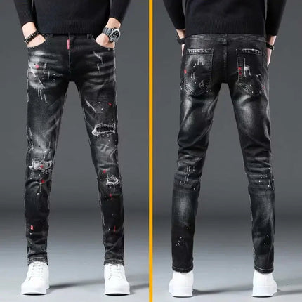 High Street  2022 Fashion Casual Ripped Jeans Men's Patch Teenagers Cowboy Paint Splash Ink Black Pencil Pants Skinny Jeans Men PlatiNum