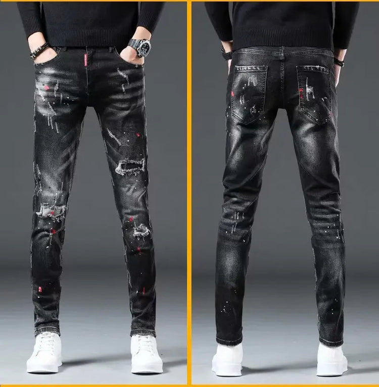 High Street  2022 Fashion Casual Ripped Jeans Men's Patch Teenagers Cowboy Paint Splash Ink Black Pencil Pants Skinny Jeans Men PlatiNum