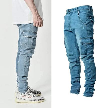 Men's street elastic workwear jeans washed solid color multi pocket casual mid waist pants slim fit daily wear jogging pants PlatiNum