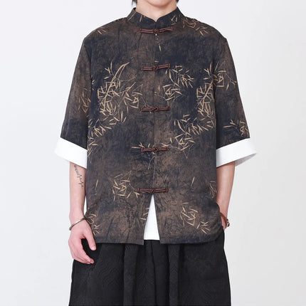 Camicie da uomo estive di lusso in jacquard con foglie di bambù, camicia a maniche corte da uomo in stile cinese tradizionale, camicia casual da uomo per Kung Fu e Tai Chi