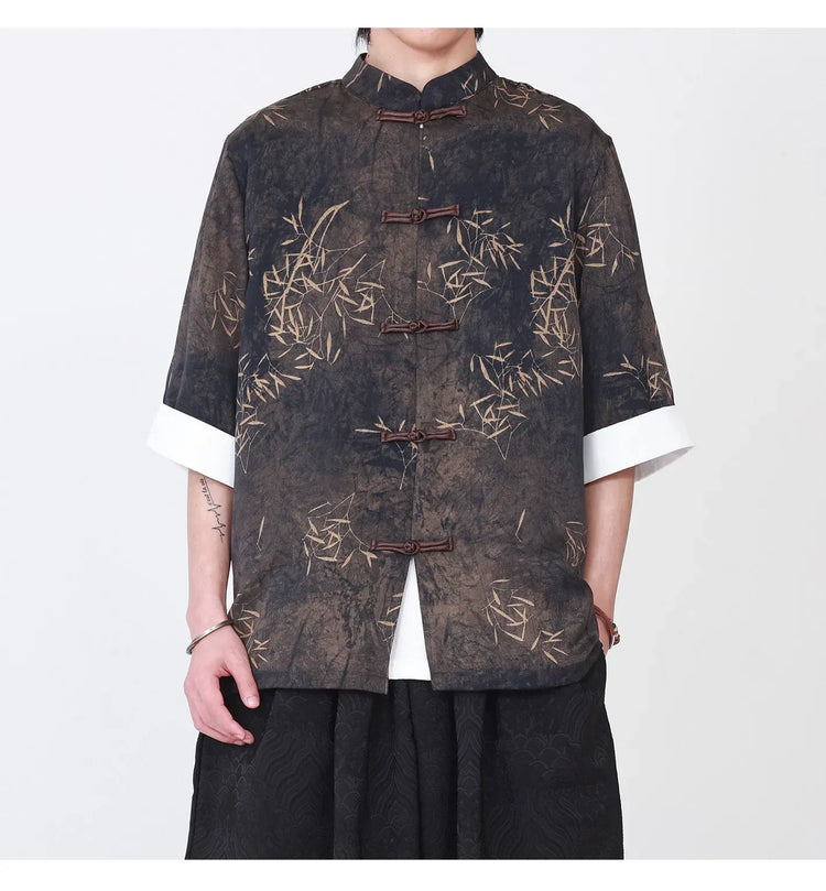 Camicie da uomo estive di lusso in jacquard con foglie di bambù, camicia a maniche corte da uomo in stile cinese tradizionale, camicia casual da uomo per Kung Fu e Tai Chi