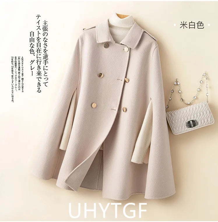 UHYTGF Mid Long Bat Cape Wool Coat Women High-End Double Sided Cashmere Autumn Jacket Female Fashion Casual Ladies Outewear 2029