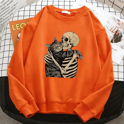 Vintage High Quality Retro Skull with Cat Womens Hoodies Warm Fleece Sweatshirt Soft O-Neck Pullover Casual Female Clothes