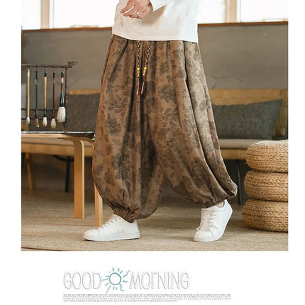 Pantaloni di alta qualità per uomo stile cinese fiore scuro velluto a coste Bloomers casual elastico in vita moda pantaloni larghi a gamba larga maschile