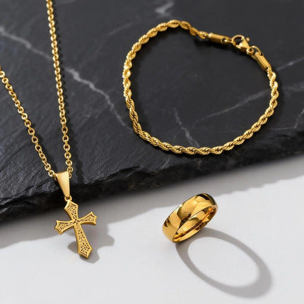 Set di Gioielli Hip Hop da Uomo 3 Pezzi, Ciondolo a Croce in Acciaio Inossidabile, Bracciale con Catena a Corda Intrecciata, Set di Gioielli Regalo per Papà, Figlio, Marito platinumshop