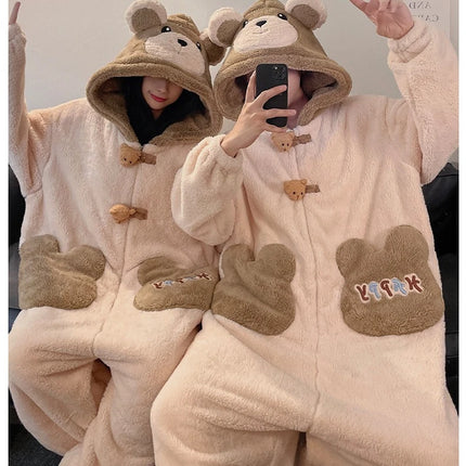 Winter Pajamas Cartoon Bear Costume Pijama Kawaii Adult Couples Kigurumis Sleepwear Jumpsuits Coral Fleece Loose Warm Homewear