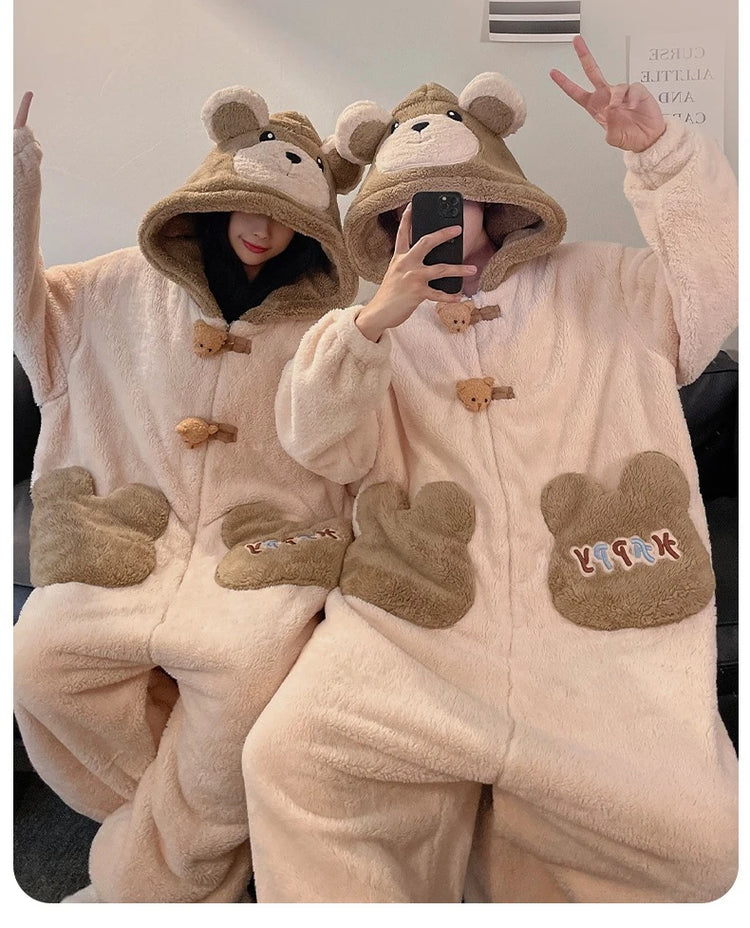 Winter Pajamas Cartoon Bear Costume Pijama Kawaii Adult Couples Kigurumis Sleepwear Jumpsuits Coral Fleece Loose Warm Homewear