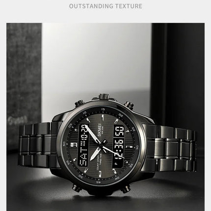 Skmei orologio da polso analogico al quarzo da uomo cinturino in acciaio inossidabile di lusso Led impermeabile digitale sportivo sveglia a tre fusi orari platinumshop