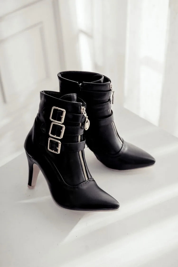 Women Shoes  Boots Spring High Heels Ankle Boots Pointed Toe Buckle  Boots Zip Ladies Shoes White Big Size 2023
