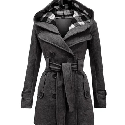 2026 Autumn Women's Hooded Overcoat Trend Double-Breasted Design Belt Side Pockets Plaid Splice Woolen Coats Winter Jacket Femme