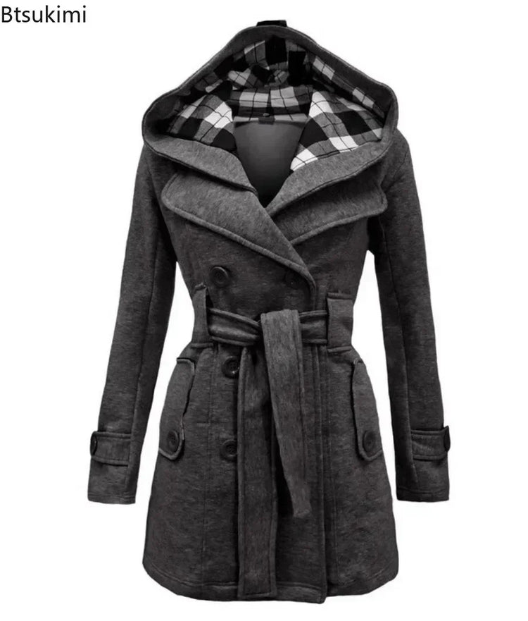 2026 Autumn Women's Hooded Overcoat Trend Double-Breasted Design Belt Side Pockets Plaid Splice Woolen Coats Winter Jacket Femme