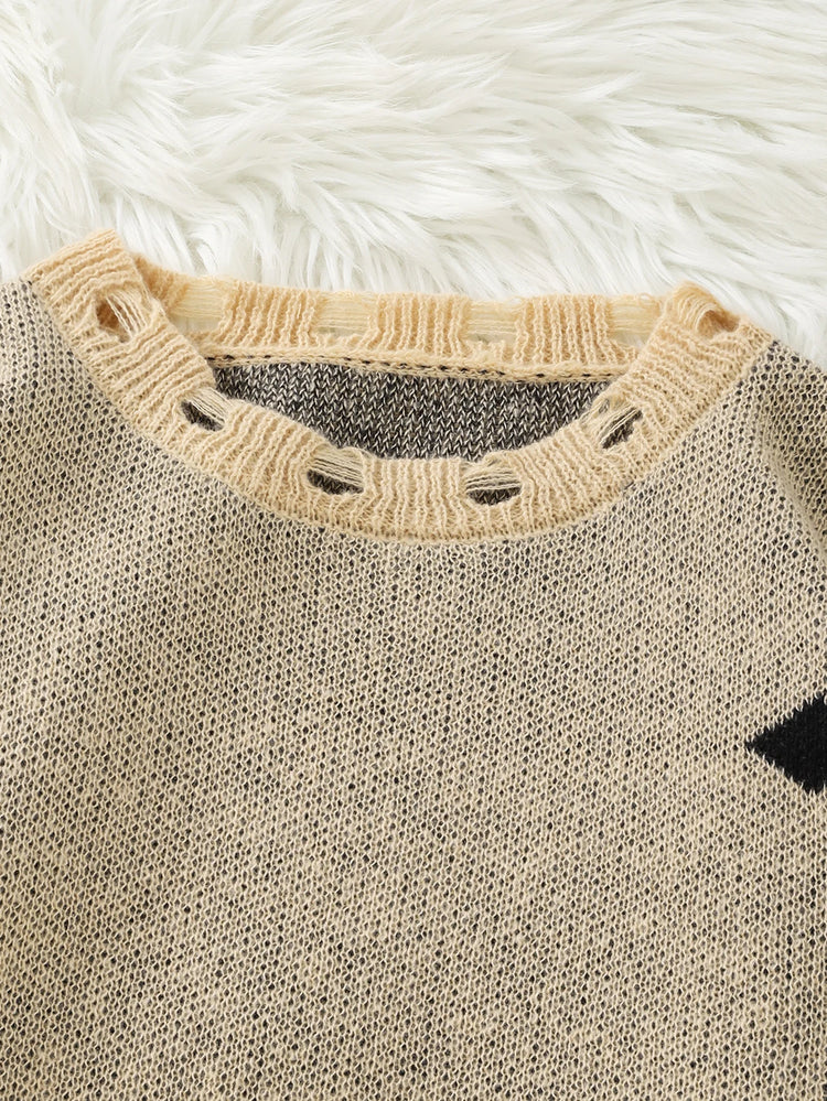 Trendy Street Style Ripped Cross Pattern Pullover Ripped Sweater Casual Crew Neck Knit Men's Pullover