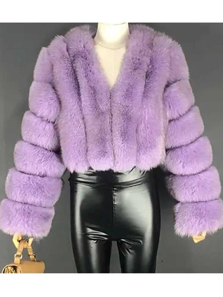 ZADORIN Luxury Cropped White Faux Fox Fur Coat Woman Clothing V Neck Long Sleeve Winter Fluffy Faux Fur Jacket Fur Coats Woman