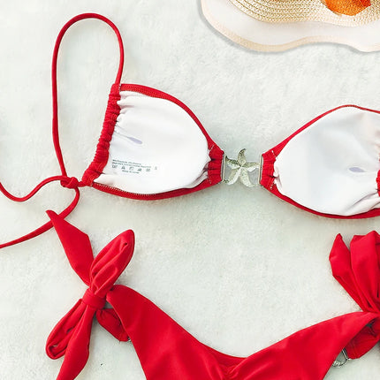 Costume da bagno bikini sexy push-up a vita bassa, nuovo modello 2026, da donna, con spalline, rosso tinta unita, per la spiaggia