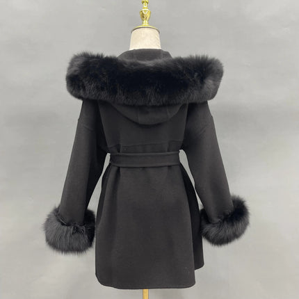 MISSJANEFUR Wool Coat with Real Fox Fur Collar Cuff Women Fashion Belted Cashmere Coats Warm Winter Hooded Trench Peacoat