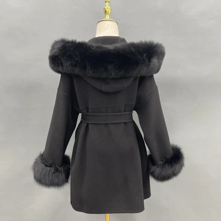 MISSJANEFUR Wool Coat with Real Fox Fur Collar Cuff Women Fashion Belted Cashmere Coats Warm Winter Hooded Trench Peacoat