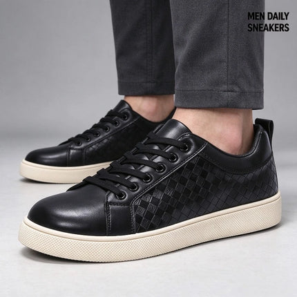 Men Low Top Leather Casual Shoes Lace-up Fashion Sneakers Black Embossed Plaid Upper Non Slip Flat Daily Wear Board Footwear