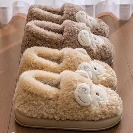 Cute Cartoon Lamb Cotton Slippers Women Indoor Warm Thicken Plush Home Slippers Woman Comfortable Non Slip Fluffy Slides Female