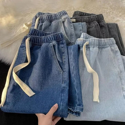 Loose Fit Men's Elastic Waist Jeans with Rope 9-Tenths Straight Leg Korean Style Trendy Versatile Large Size Nine-Piece Pants PlatiNum
