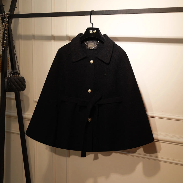 French Elegant temperament Wool Jacket Lapel Sleeveless Single-Breasted Lace-up Bow Casual Short Capes Women Autumn Cloak Coat