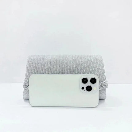 Borsa Clutch Plissettata con Strass, Pochette da Sera Scintillante con Cristalli, Elegante Borsetta da Donna per Cerimonie, Matrimoni e Feste Formali