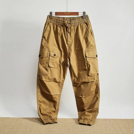 Men Elastic Drawstring Waist Jogger Cargo Pants Multi Button Pockets Vintage Washed Tapered Ankle Cuff Casual Street Trousers